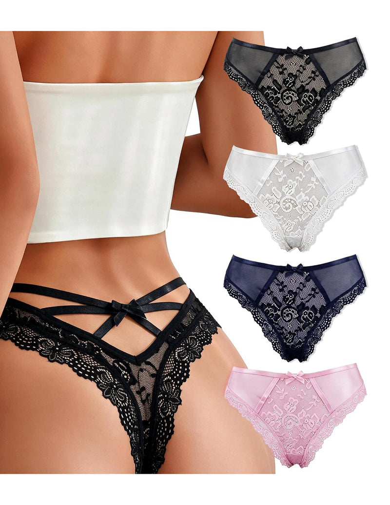 Multi-pack lace thong bikini panties in black, white, navy, and pink lace