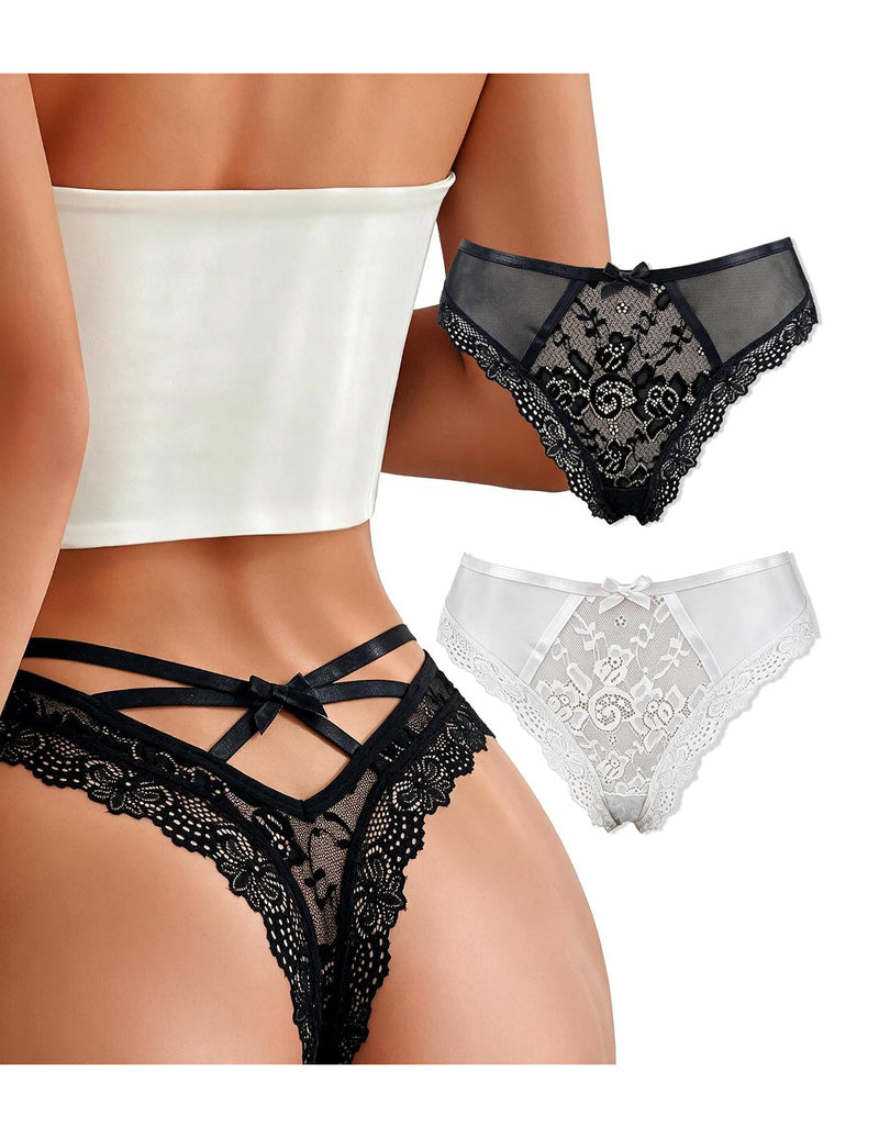 Multi-pack lace thong bikini panties: black with crisscross straps and white