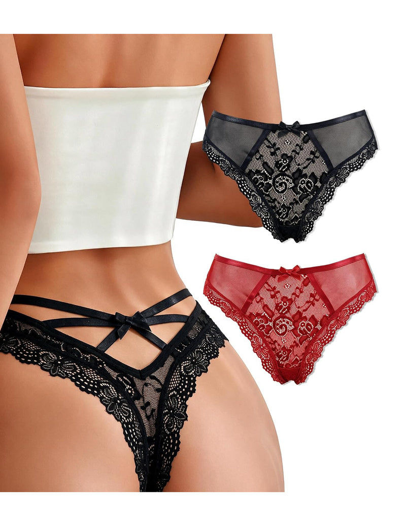 Multi-pack lace thong bikini panties: black, white, and red lace styles