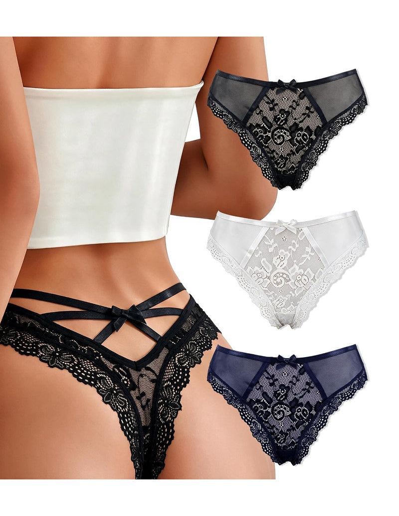Multi-pack lace thong bikini panties: black, white, and navy with lace trim
