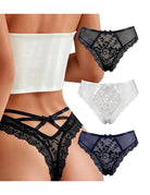 Multi-pack lace thong bikini panties: black, white, and navy with lace trim