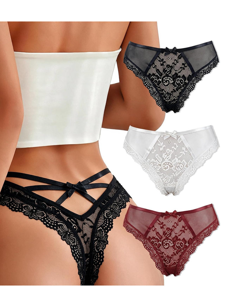 Multi-pack lace thong bikini panties in black, white, navy, and burgundy red
