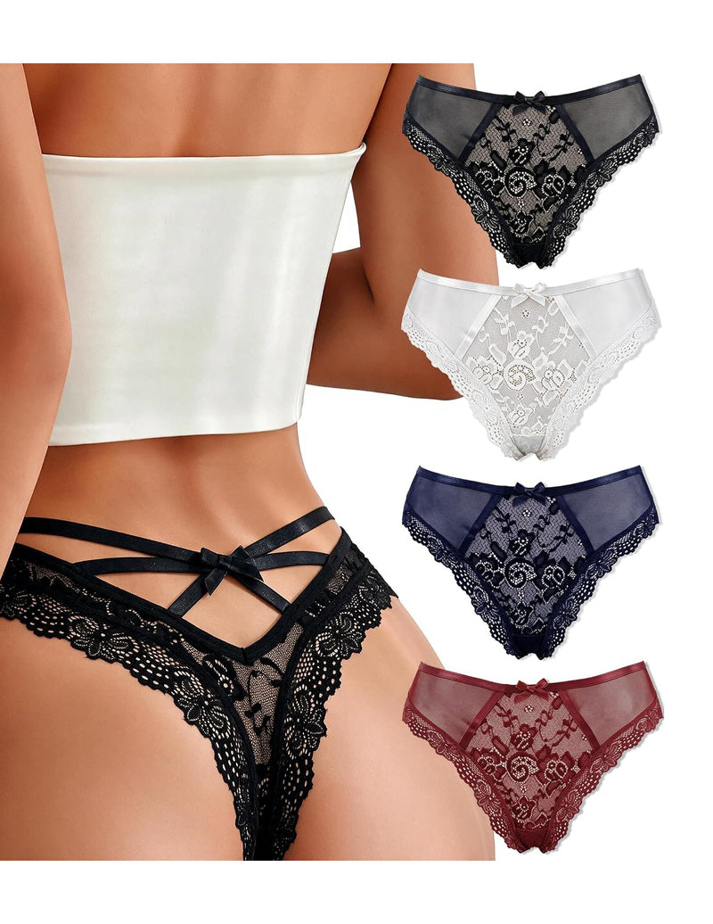 Multi-pack lace thong bikini panties: black, white, navy, and burgundy red