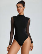 Black mesh mock neck sleeveless bodysuit with sheer long sleeves