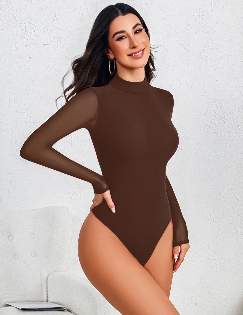 Brown mesh mock neck long-sleeve bodysuit with sheer sleeves and high-leg cut