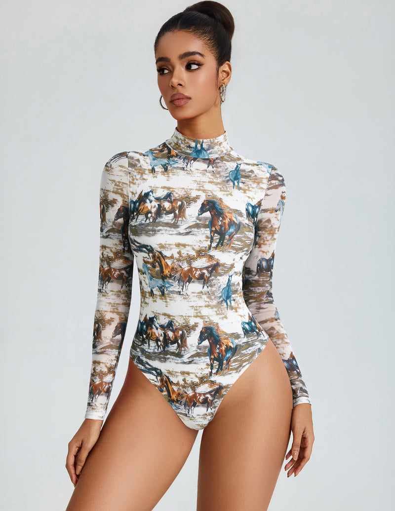 Multi-color graphic mesh mock neck long-sleeve bodysuit with sheer sleeves
