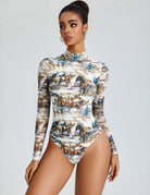 Multi-color graphic mesh mock neck long-sleeve bodysuit with sheer sleeves