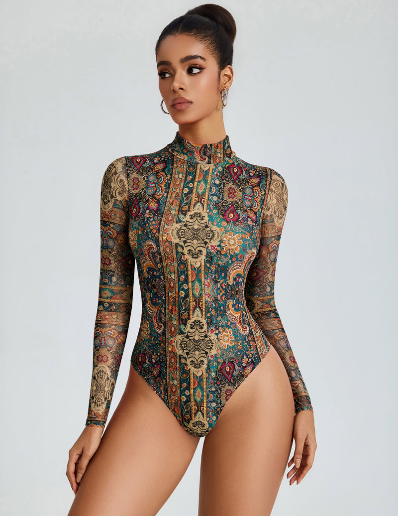 Colorful ornate print mesh mock neck long-sleeve bodysuit with sheer sleeves