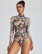 Floral mesh bodysuit with mock turtleneck and sheer long sleeves