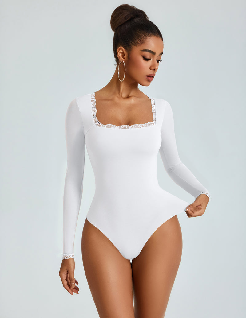 White lace-trim square-neck long-sleeve bodysuit, double-lined fitted stretch knit.