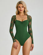 Green sweetheart lace long-sleeve bodysuit with ruched front