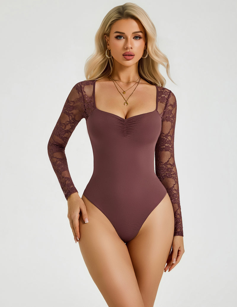 Burgundy sweetheart lace long-sleeve bodysuit with ruched front