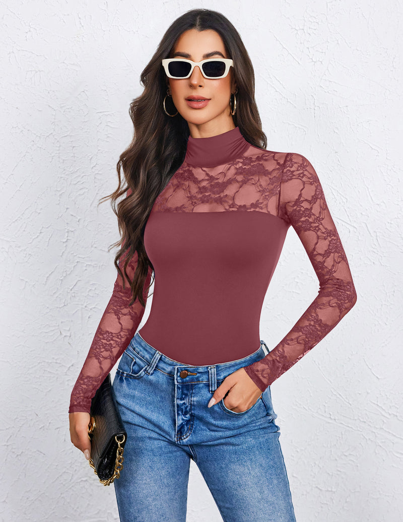 Burgundy lace long-sleeve turtle neck bodysuit with thong back