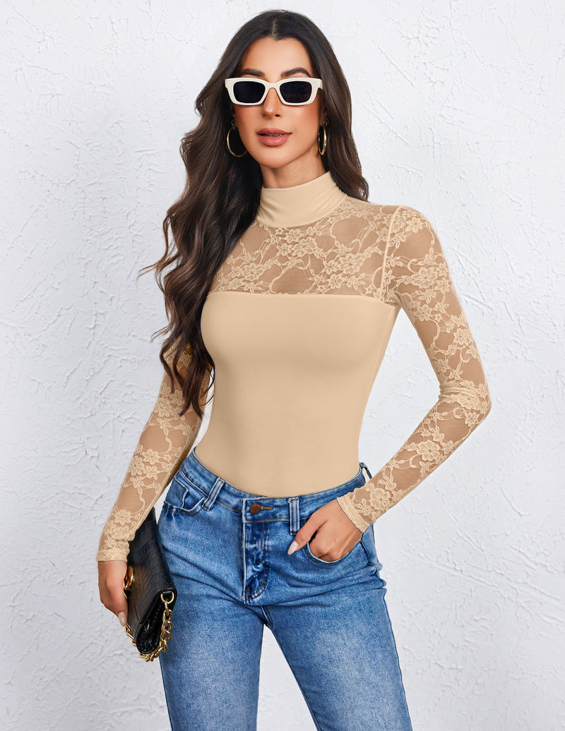 Nude lace long-sleeve turtle neck bodysuit with thong back