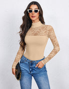 Nude lace long-sleeve turtle neck bodysuit with thong back