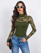 Olive green lace long-sleeve turtleneck bodysuit, sheer floral sleeves