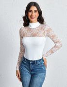 White lace long-sleeve turtleneck bodysuit with sheer floral mesh sleeves