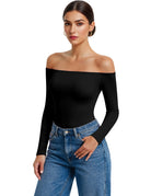 Black off-shoulder long-sleeve bodysuit with thong bottom, double-lined fit