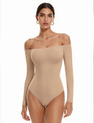 Beige off-shoulder long-sleeve bodysuit with thong bottom, double-lined fit