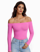 Pink off-shoulder long-sleeve bodysuit with thong bottom, double-lined fit