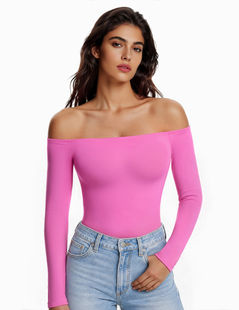Pink off-shoulder long-sleeve bodysuit with thong bottom, double-lined fit