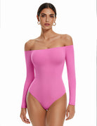 Pink off-shoulder long-sleeve bodysuit with thong bottom, double-lined fit