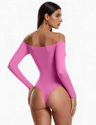 Pink off-shoulder long-sleeve thong bodysuit, double-lined, fitted back cutout