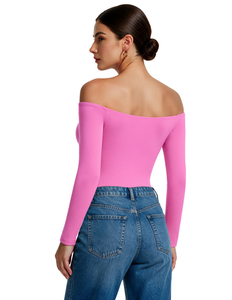 Pink off-shoulder long-sleeve thong bodysuit, wide neckline, fitted long sleeves