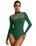 Green mesh turtleneck long-sleeve bodysuit with double-layer front panel