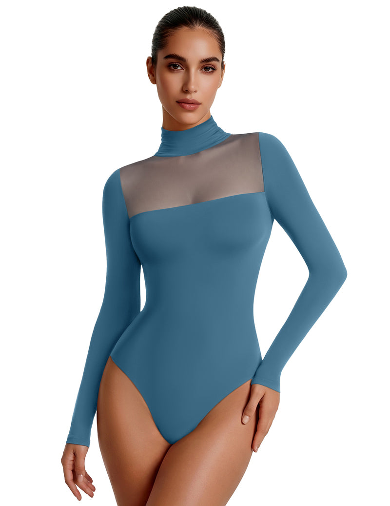 Blue mesh turtleneck long-sleeve bodysuit with double-layer front panel