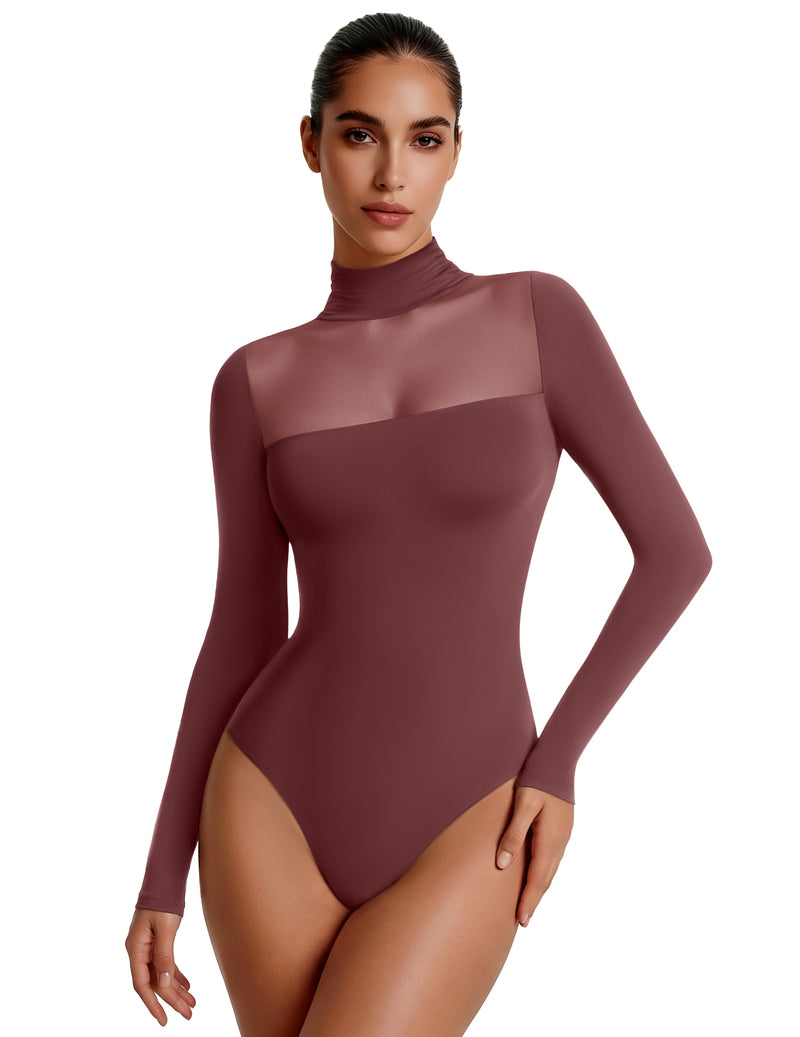 Maroon mesh turtleneck long-sleeve bodysuit with double-layer front panel