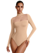 Nude mesh turtleneck long-sleeve bodysuit with double-layer front panel
