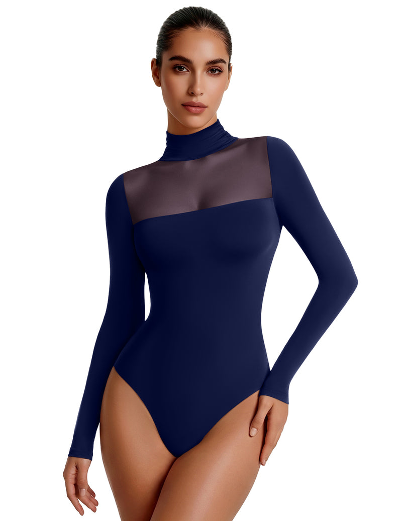 Navy mesh turtleneck long-sleeve bodysuit with double-layer front panel