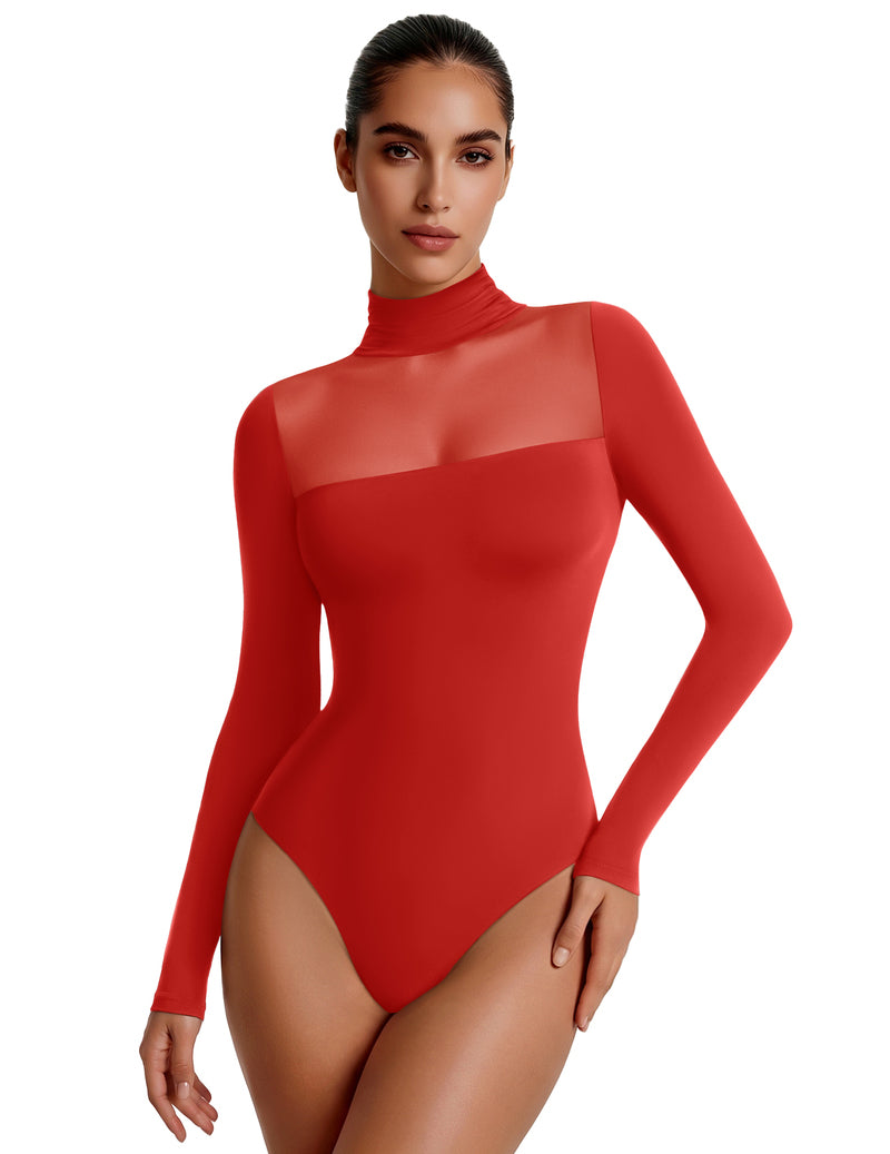 Red turtleneck mesh long-sleeve bodysuit with sheer double-layer front