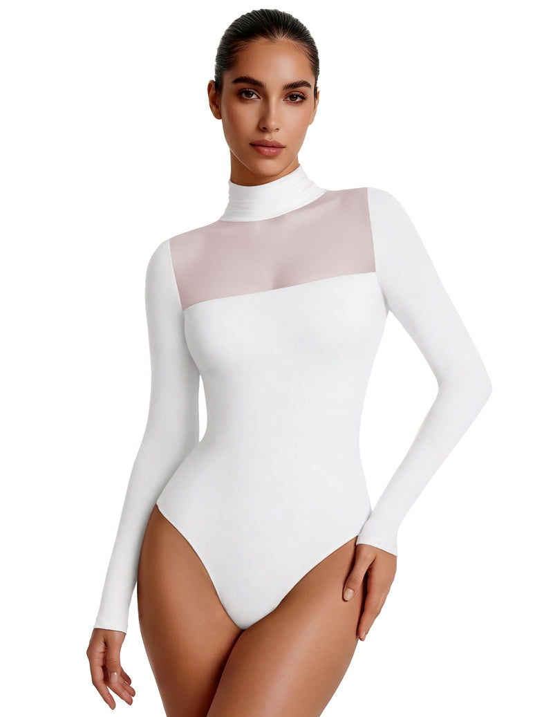White turtleneck mesh long-sleeve bodysuit with sheer double-layer front