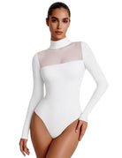 White turtleneck mesh long-sleeve bodysuit with sheer double-layer front