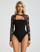 Black lace long-sleeve bodysuit with asymmetric cut-out and thong back