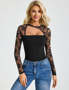 Black lace long-sleeve bodysuit with front cut-out and thong back