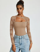 Nude lace long-sleeve bodysuit with asymmetric front cut-out and thong back