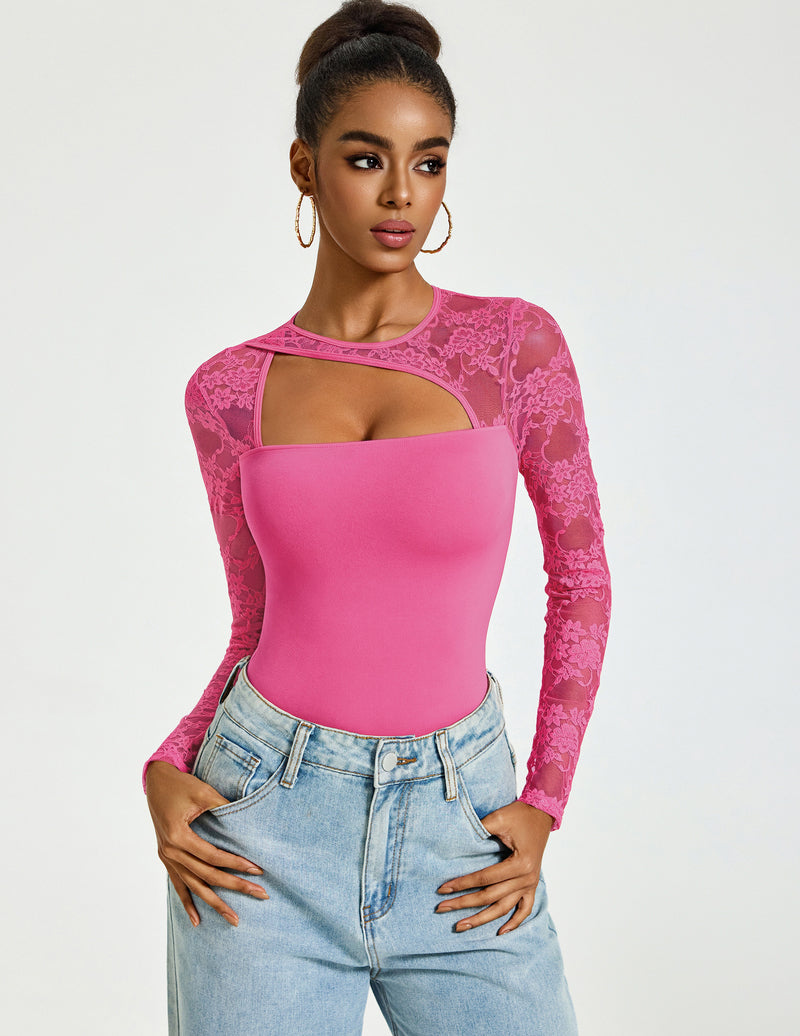 Pink lace long-sleeve bodysuit with asymmetric front cut-out and thong back