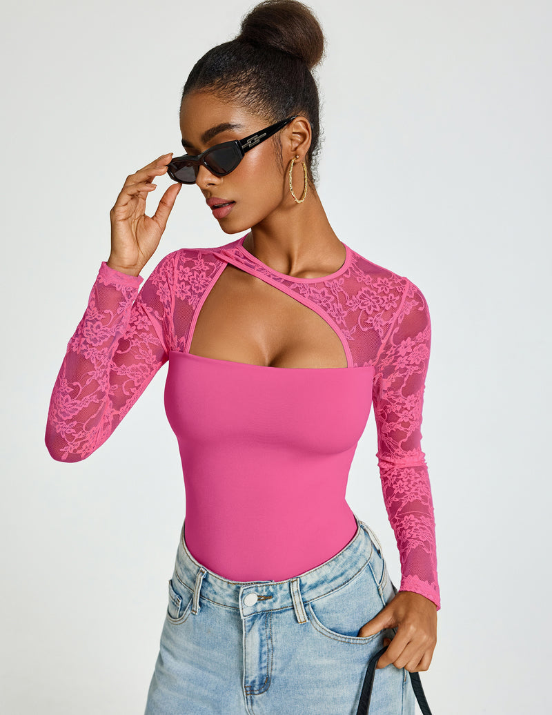 Pink lace long-sleeve bodysuit with open-back cut-out and thong back