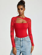 Red lace long-sleeve bodysuit with asymmetric chest cut-out and thong back