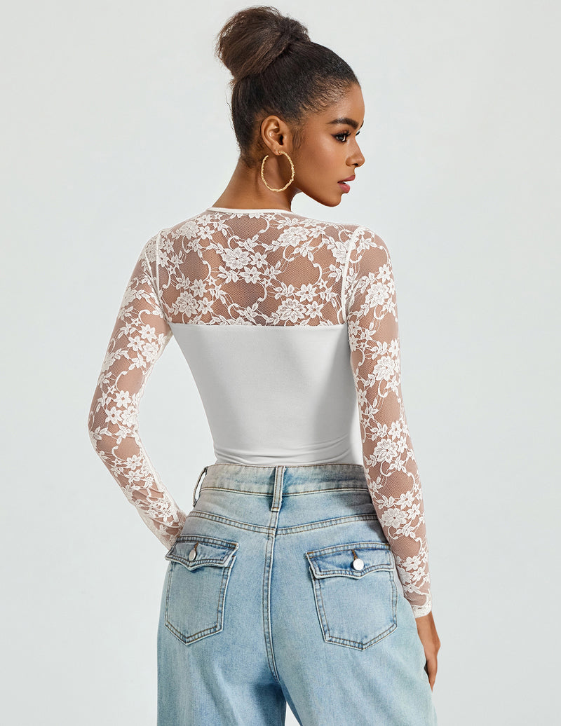 White bodysuit with sheer floral lace long sleeves and open back