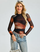 Black sheer mesh long-sleeve bodysuit with crew neck, double-lined, rust print