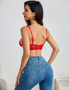 Red floral lace balconette bra back view with crisscross straps and sheer band