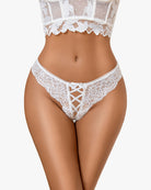 White lace hipster panty with criss cross lacing at center back and scalloped trim