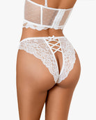 White lace hipster panty with criss cross strappy back and scalloped lace trim