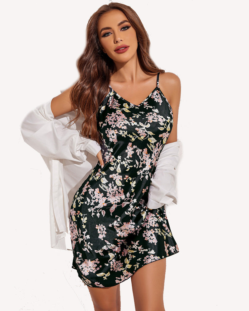 Floral satin chemise slip nightgown dress, black with pink blossoms, V-neck straps
