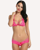Pink lace bra and panty set with scalloped edges, triangle cups, tie straps