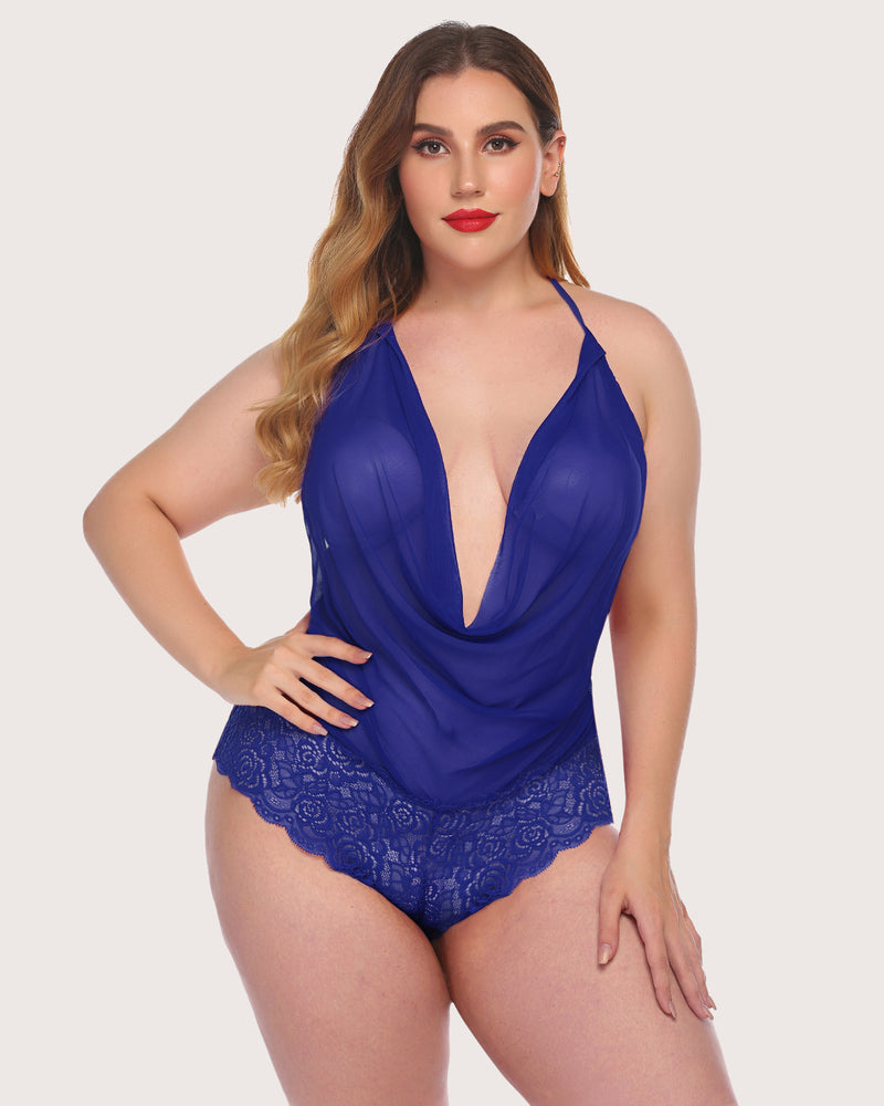 Peacock blue lace halter one-piece bodysuit with deep V neckline and lace shorts